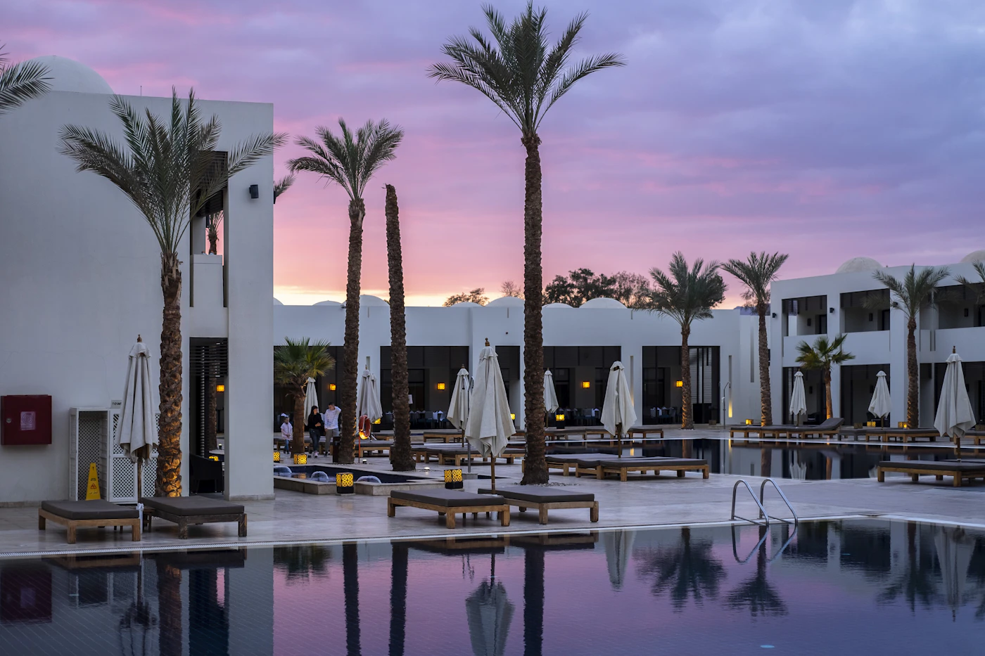 A hotel pool lined with palm trees at dusk